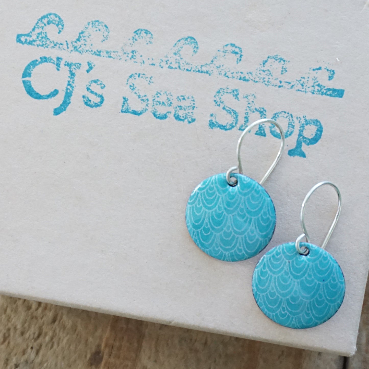 Teal Green Enamel Disc Earrings with White Mermaid Accents