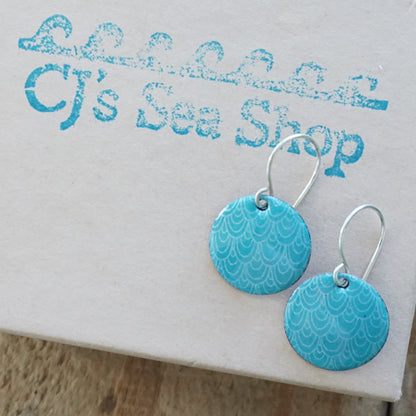 Teal Green Enamel Disc Earrings with White Mermaid Accents
