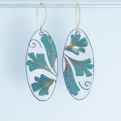 White Enamel Oval Earrings with Gold and Green Leaves