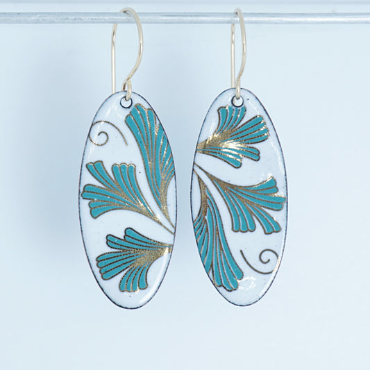 White Enamel Oval Earrings with Gold and Green Leaves