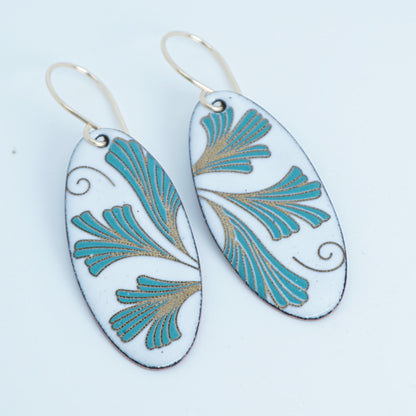 White Enamel Oval Earrings with Gold and Green Leaves