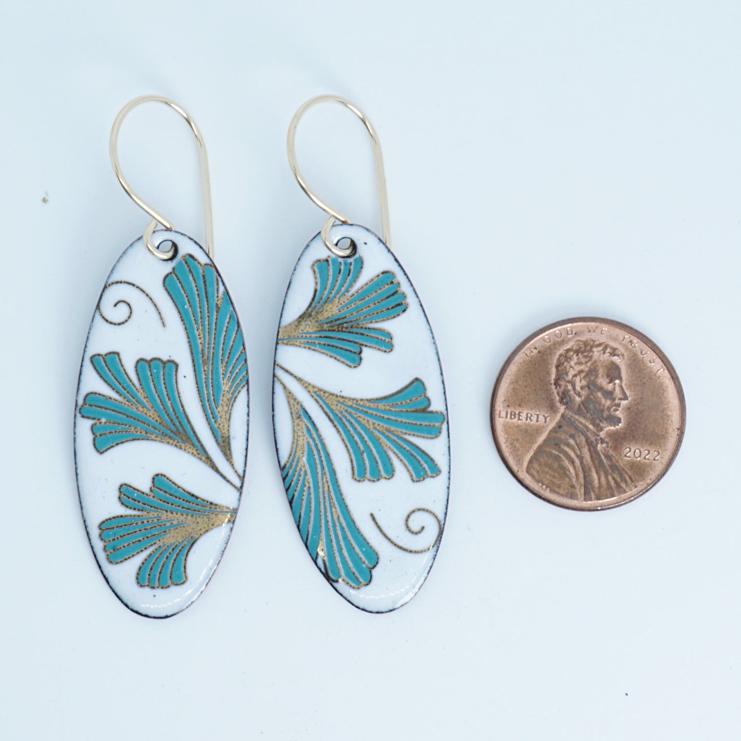 White Enamel Oval Earrings with Gold and Green Leaves