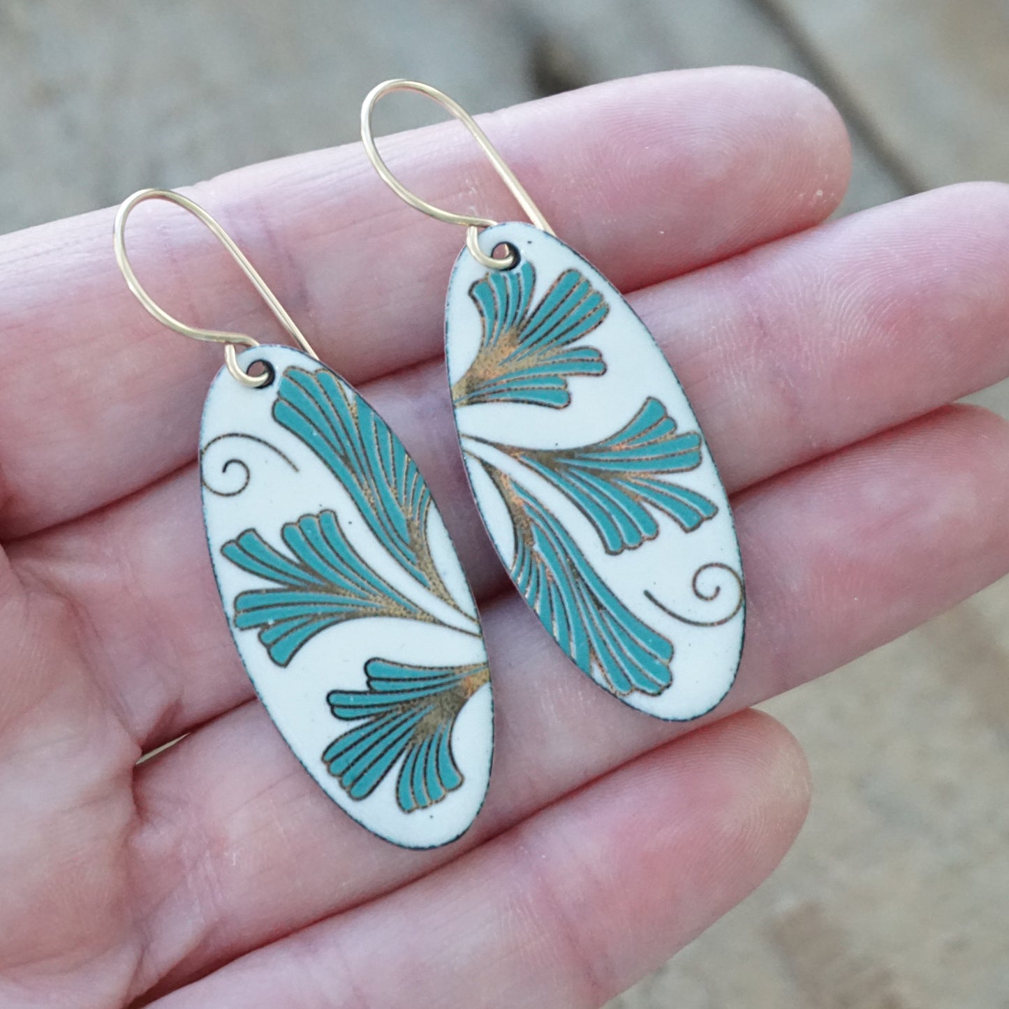 White Enamel Oval Earrings with Gold and Green Leaves