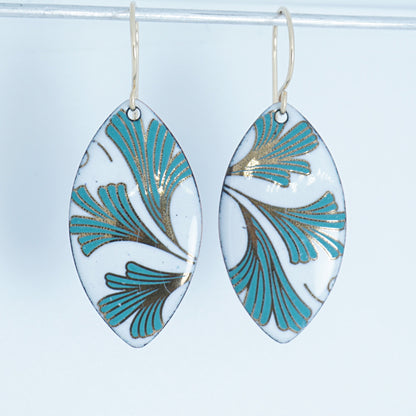 White Enamel Marquis Earrings with Gold and Green Leaves