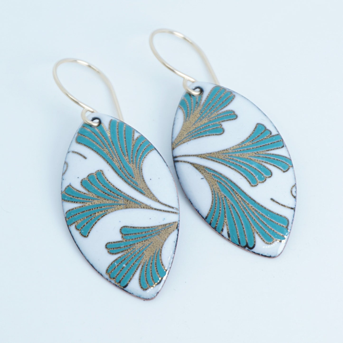 White Enamel Marquis Earrings with Gold and Green Leaves