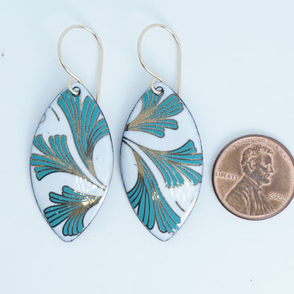 White Enamel Marquis Earrings with Gold and Green Leaves