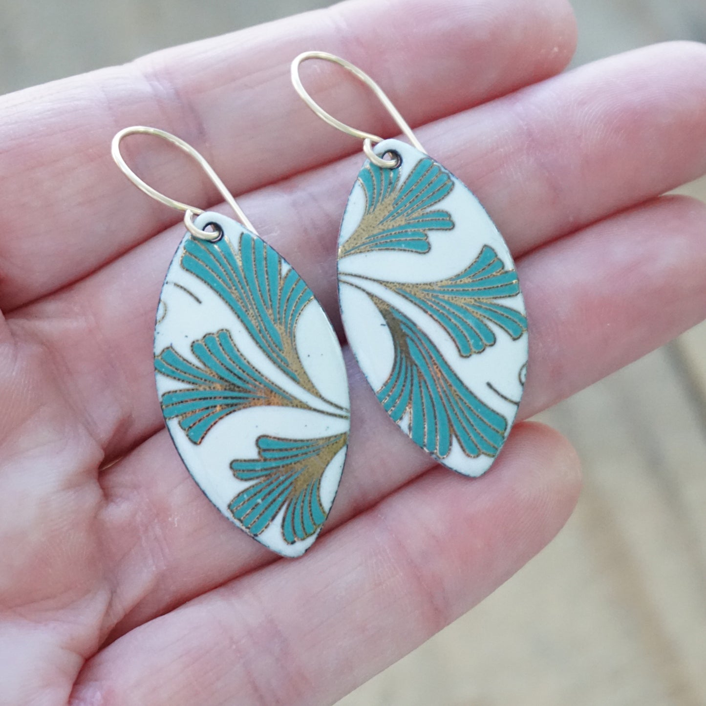 White Enamel Marquis Earrings with Gold and Green Leaves
