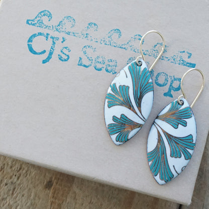 White Enamel Marquis Earrings with Gold and Green Leaves
