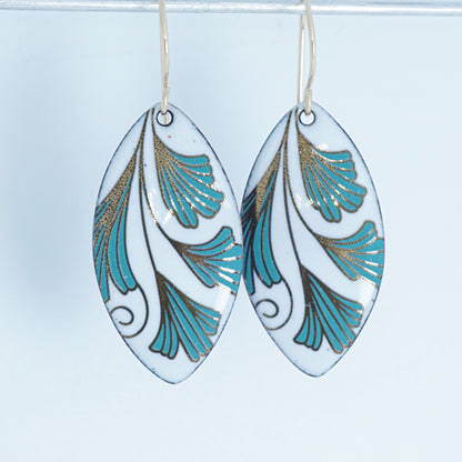 White Enamel Marquis Earrings with Gold and Green Leaves
