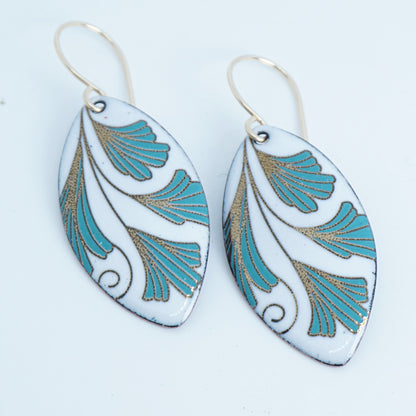 White Enamel Marquis Earrings with Gold and Green Leaves