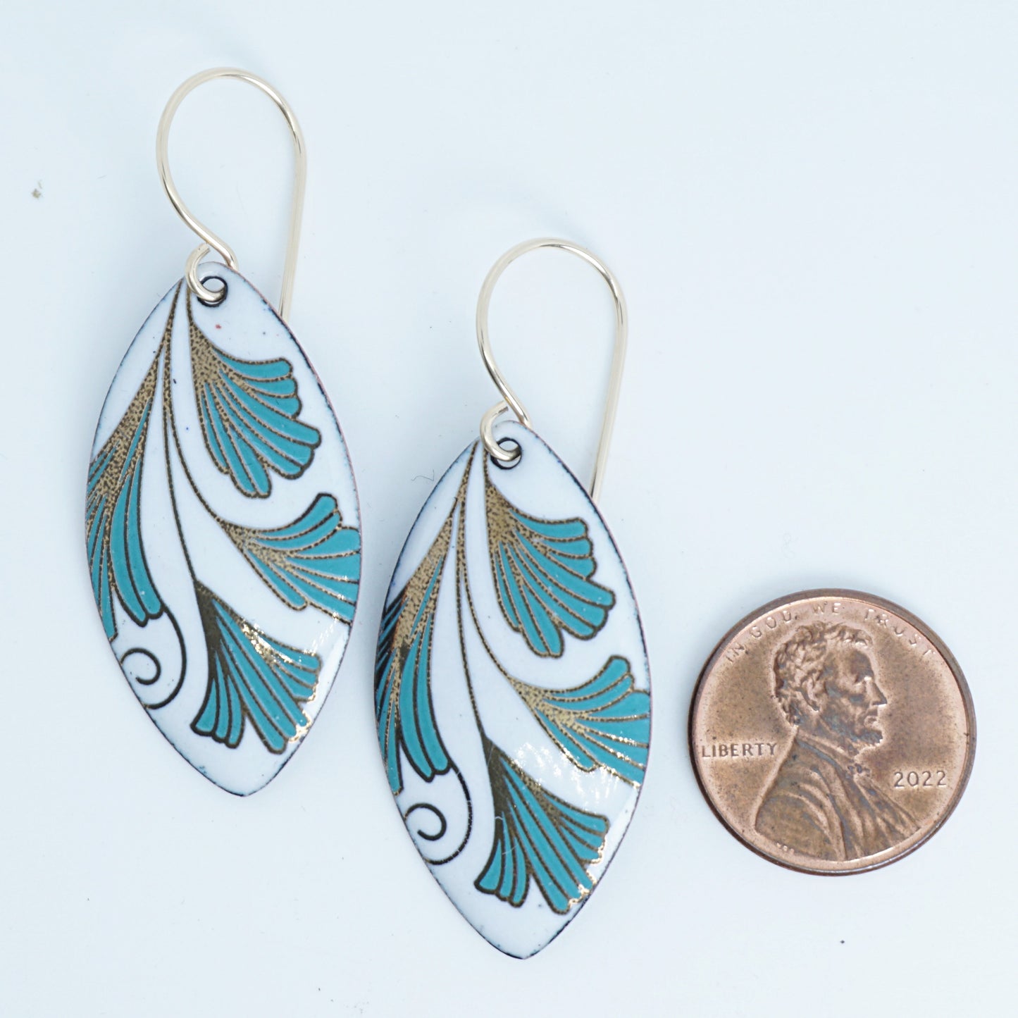 White Enamel Marquis Earrings with Gold and Green Leaves