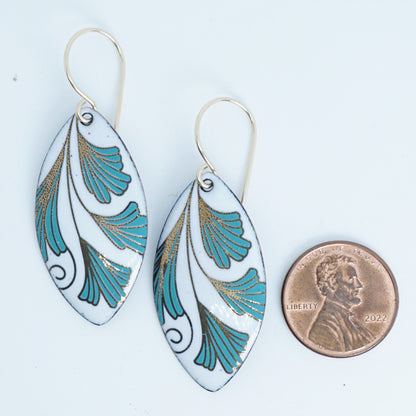 White Enamel Marquis Earrings with Gold and Green Leaves