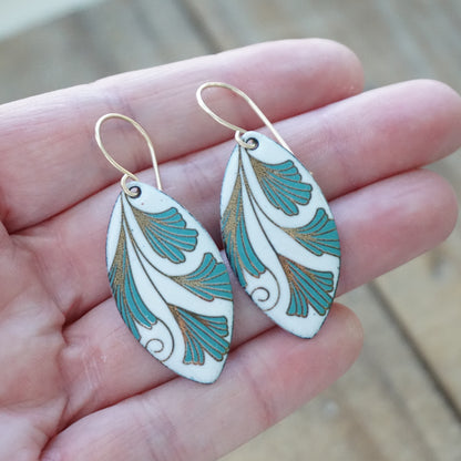 White Enamel Marquis Earrings with Gold and Green Leaves