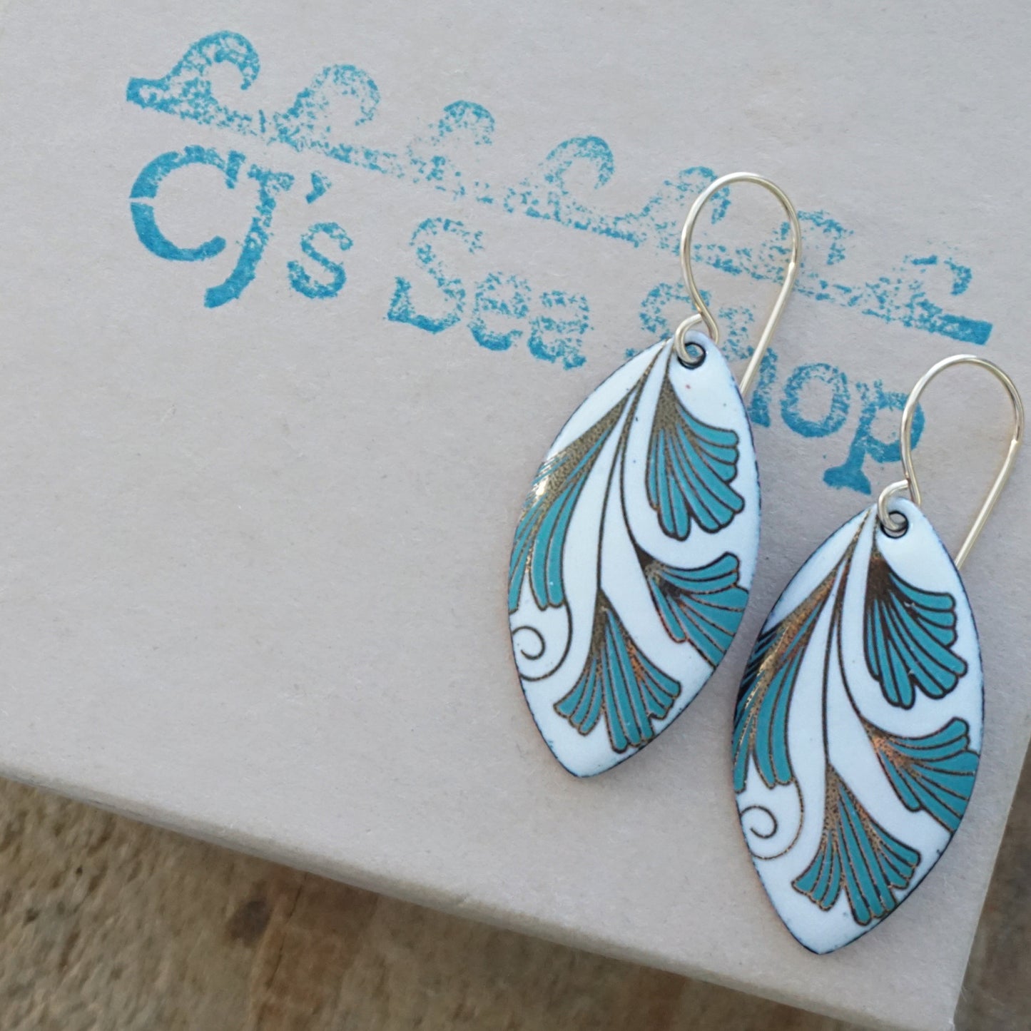 White Enamel Marquis Earrings with Gold and Green Leaves