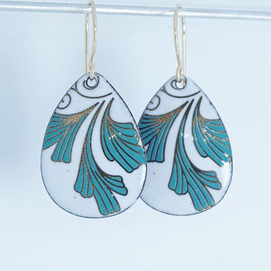 White Enamel Teardrop Earrings with Gold and Green Leaves