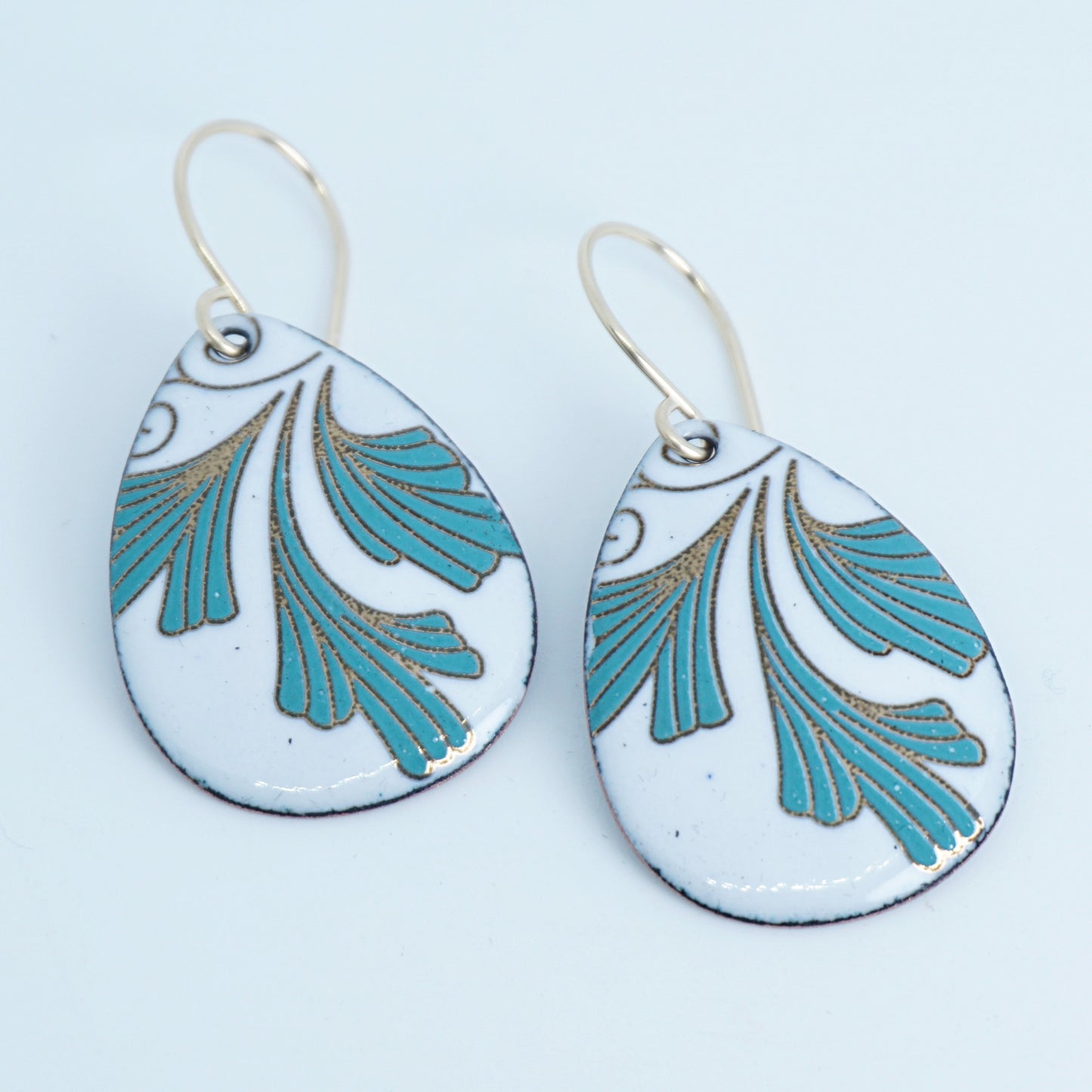 White Enamel Teardrop Earrings with Gold and Green Leaves