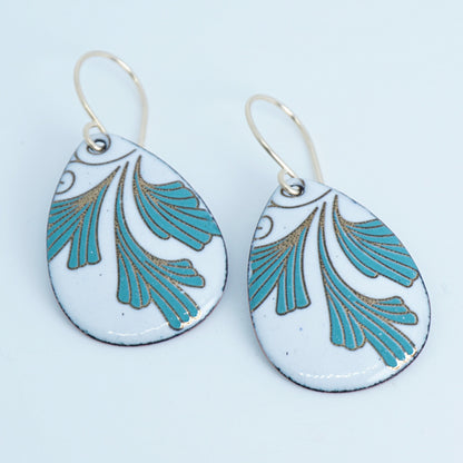 White Enamel Teardrop Earrings with Gold and Green Leaves