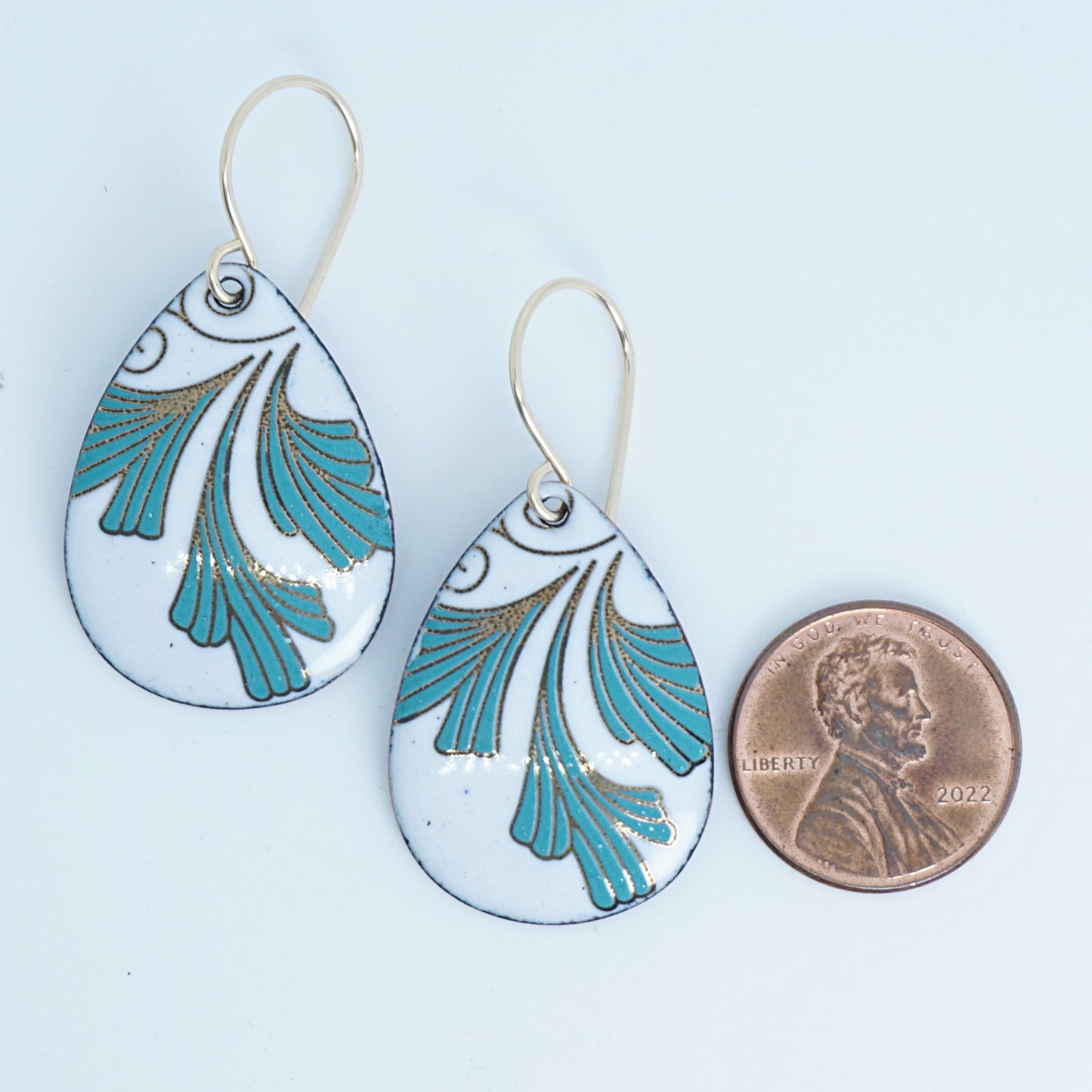 White Enamel Teardrop Earrings with Gold and Green Leaves