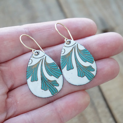 White Enamel Teardrop Earrings with Gold and Green Leaves