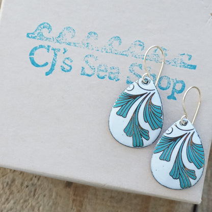 White Enamel Teardrop Earrings with Gold and Green Leaves