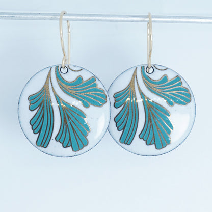 White Enamel Disc Earrings with Gold and Green Leaves