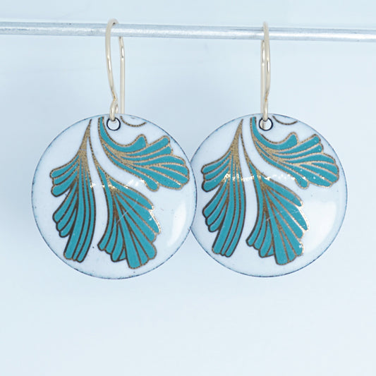 White Enamel Disc Earrings with Gold and Green Leaves