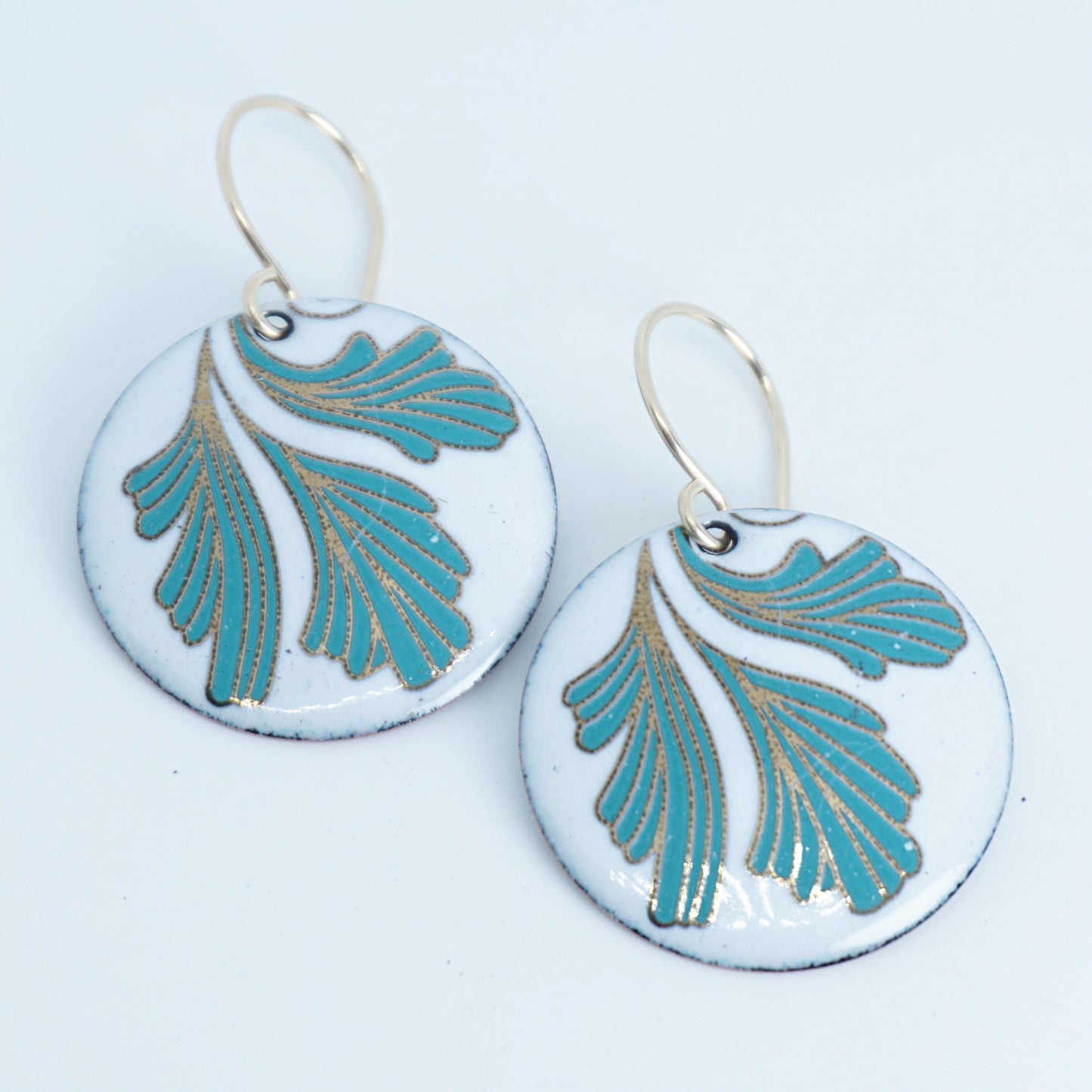 White Enamel Disc Earrings with Gold and Green Leaves