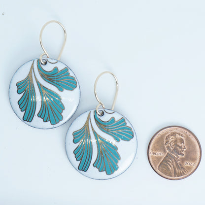 White Enamel Disc Earrings with Gold and Green Leaves