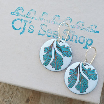 White Enamel Disc Earrings with Gold and Green Leaves