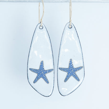 White Enamel Teardrop Earrings with Blue and Gold Starfish