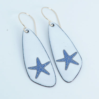 White Enamel Teardrop Earrings with Blue and Gold Starfish