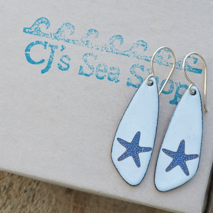 White Enamel Teardrop Earrings with Blue and Gold Starfish