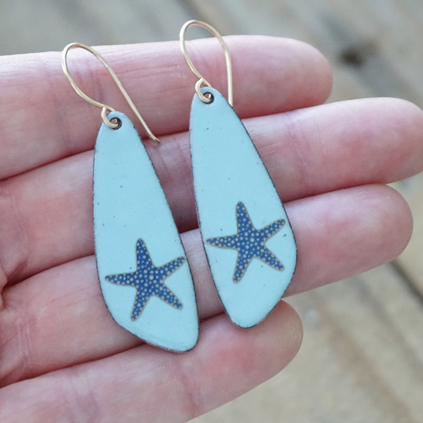 Light Blue Enamel Teardrop Earrings with Blue and Gold Starfish