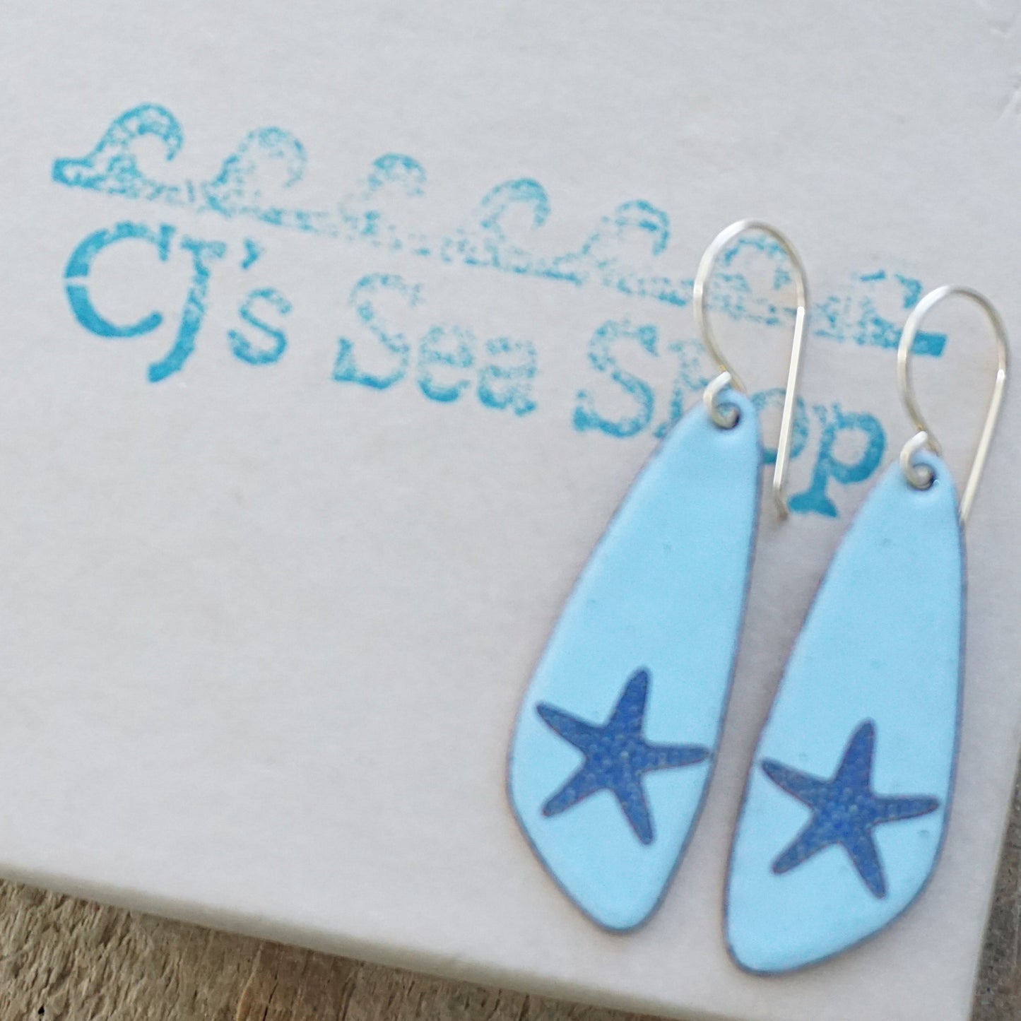 Light Blue Enamel Teardrop Earrings with Blue and Gold Starfish
