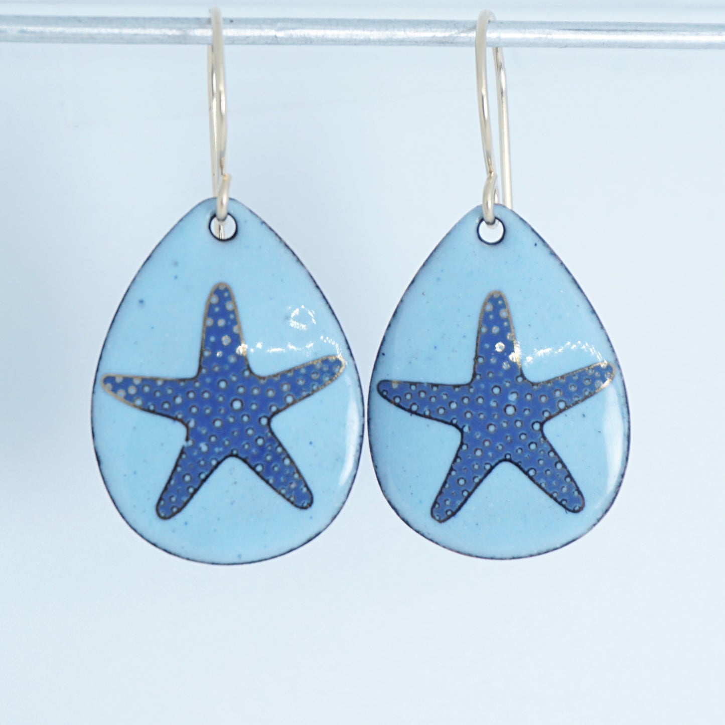 Light Blue Enamel Teardrop Earrings with Blue and Gold Starfish