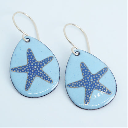 Light Blue Enamel Teardrop Earrings with Blue and Gold Starfish