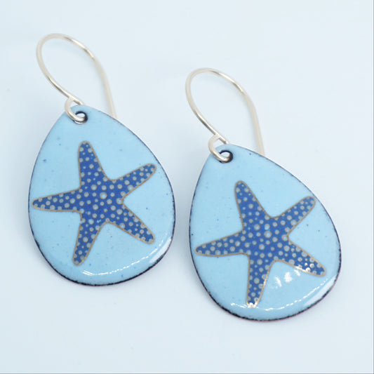 Light Blue Enamel Teardrop Earrings with Blue and Gold Starfish