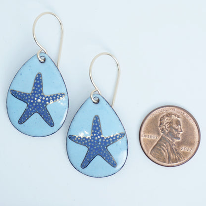 Light Blue Enamel Teardrop Earrings with Blue and Gold Starfish