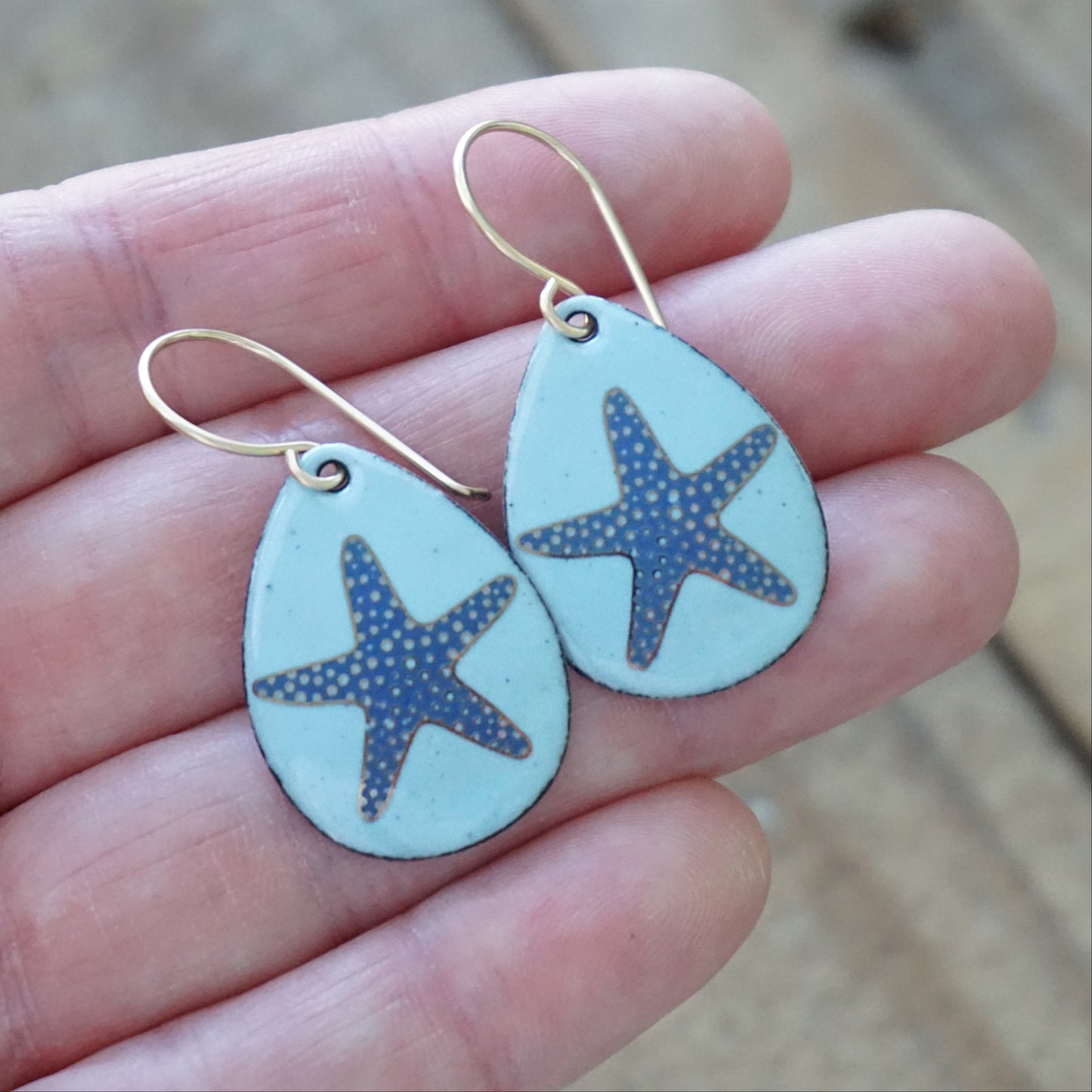 Light Blue Enamel Teardrop Earrings with Blue and Gold Starfish
