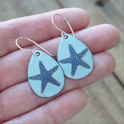 Light Blue Enamel Teardrop Earrings with Blue and Gold Starfish