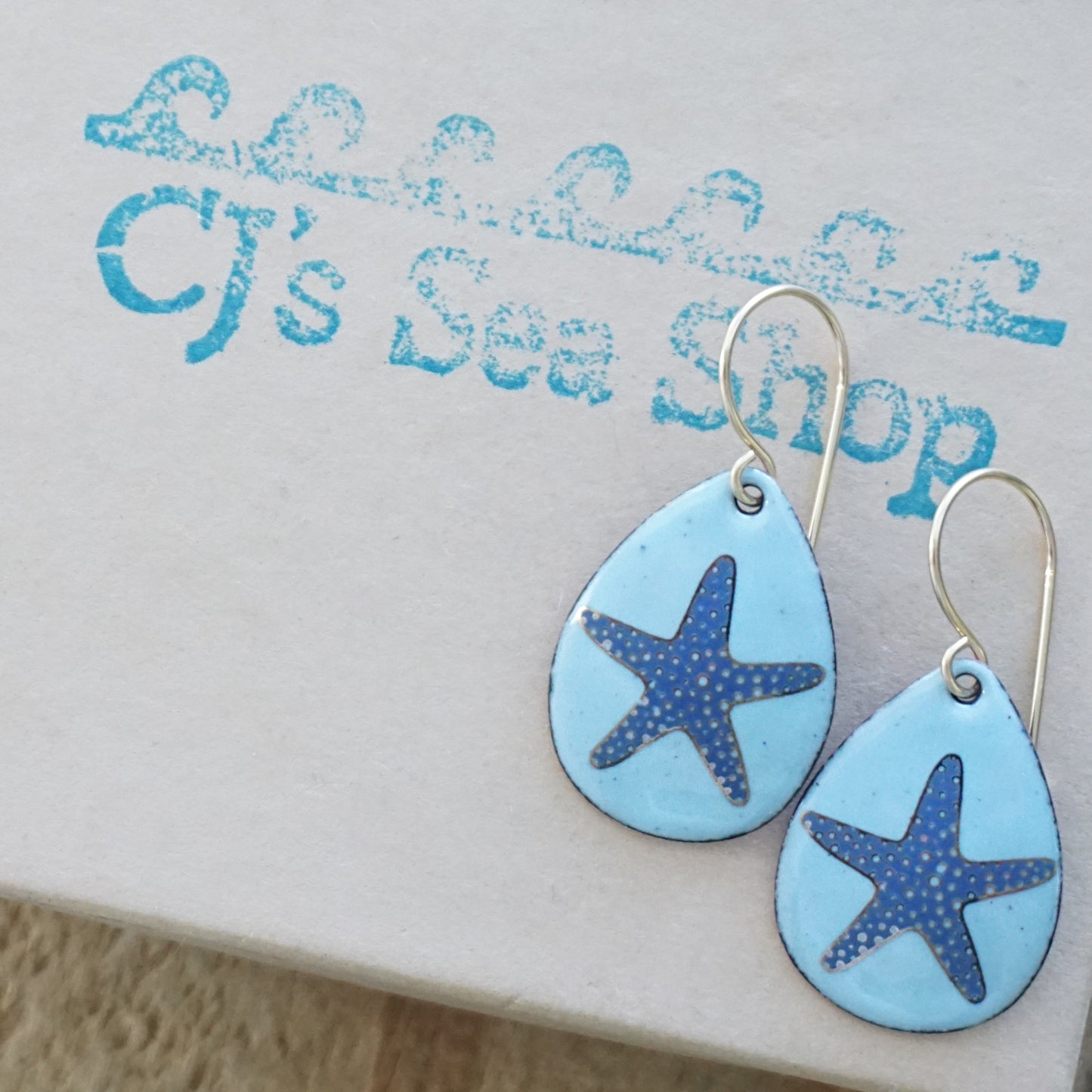 Light Blue Enamel Teardrop Earrings with Blue and Gold Starfish