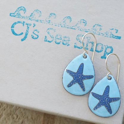 Light Blue Enamel Teardrop Earrings with Blue and Gold Starfish
