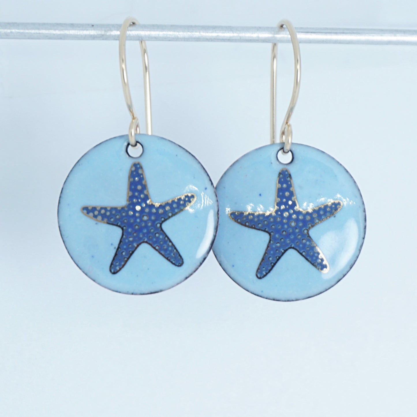 Light Blue Enamel Disc Earrings with Blue and Gold Starfish