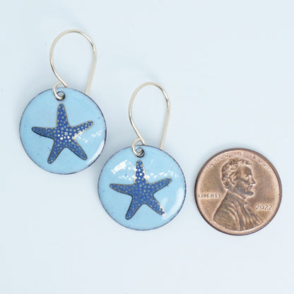 Light Blue Enamel Disc Earrings with Blue and Gold Starfish