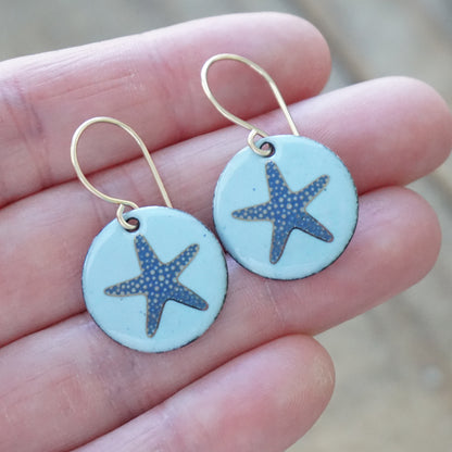 Light Blue Enamel Disc Earrings with Blue and Gold Starfish