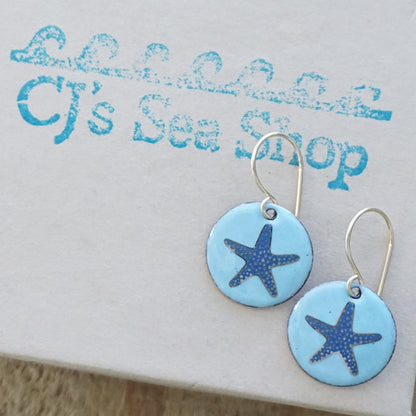 Light Blue Enamel Disc Earrings with Blue and Gold Starfish