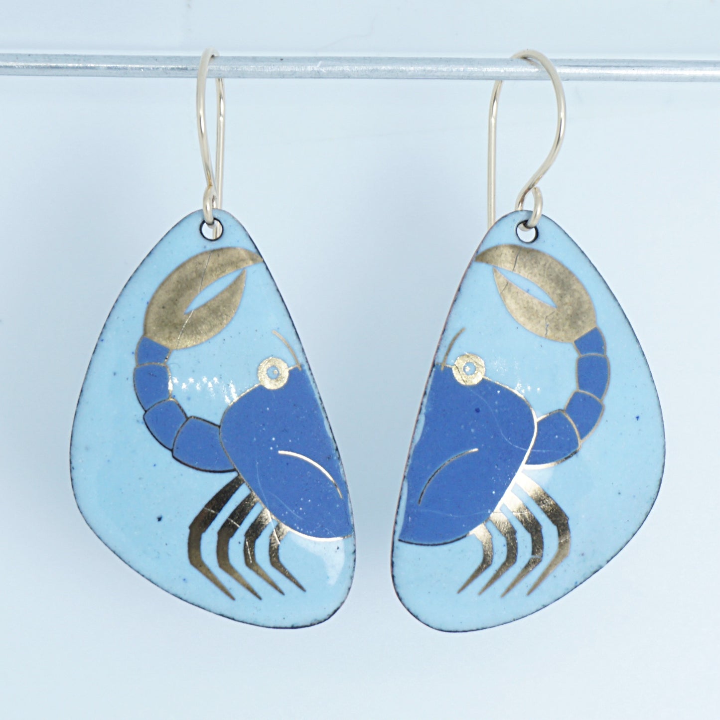 Light Blue Enamel Earrings with Blue and Gold Crab