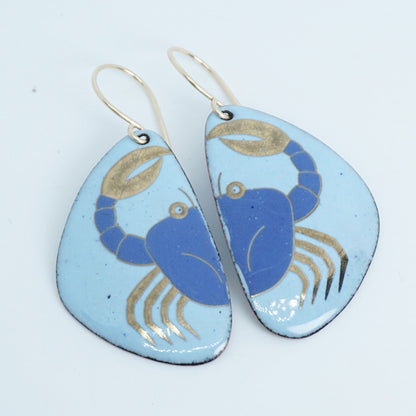 Light Blue Enamel Earrings with Blue and Gold Crab