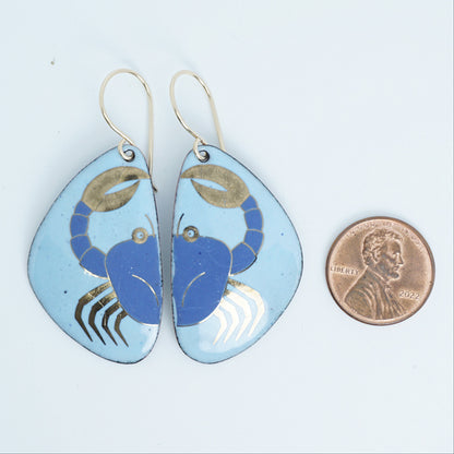 Light Blue Enamel Earrings with Blue and Gold Crab