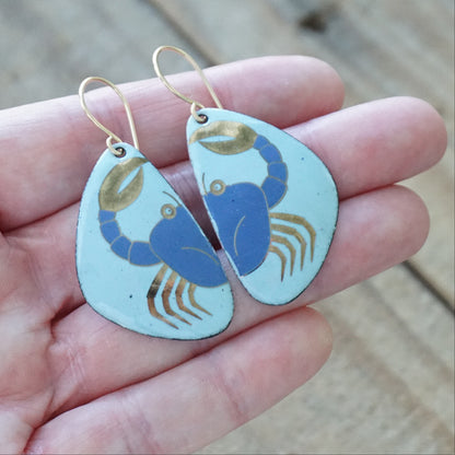 Light Blue Enamel Earrings with Blue and Gold Crab